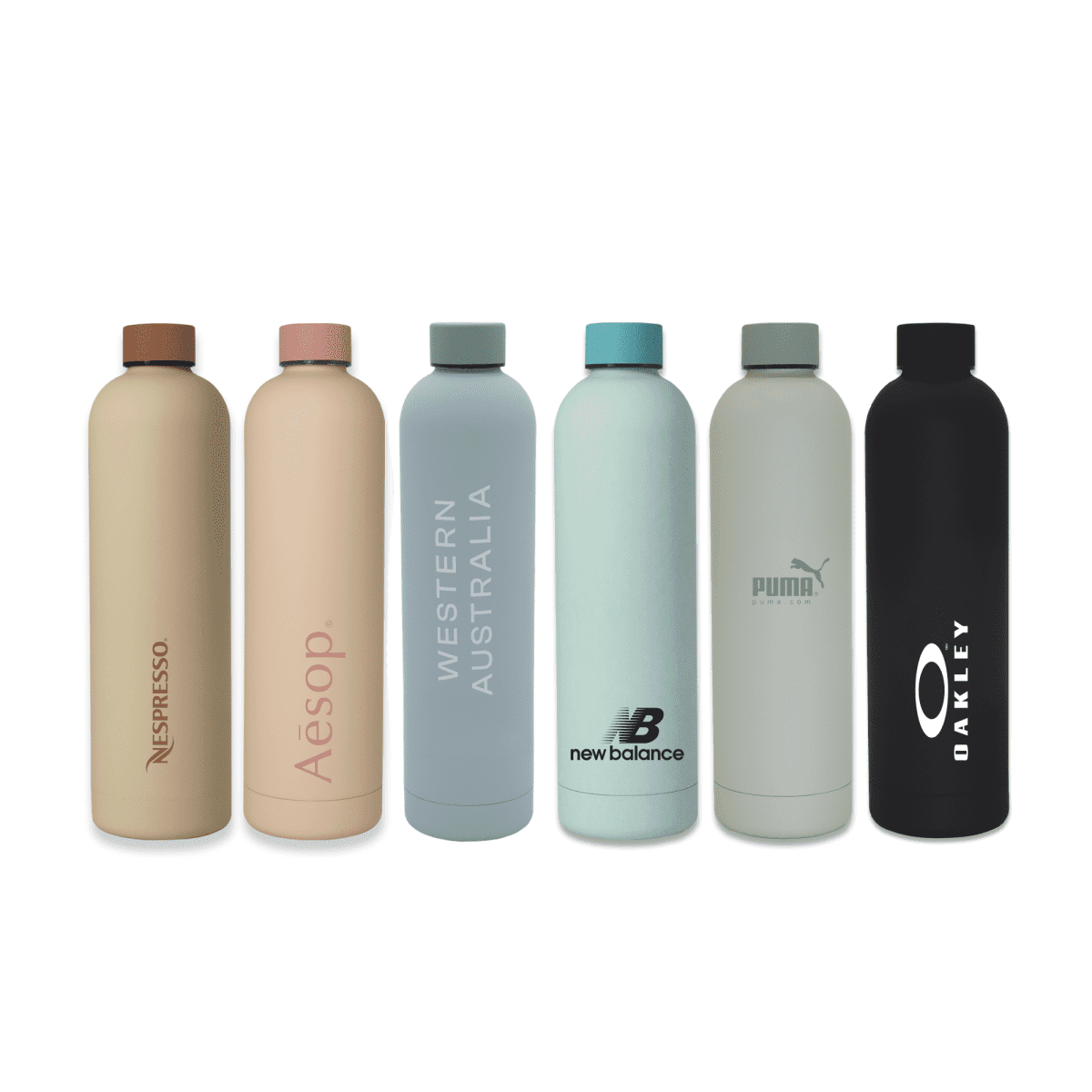 Six reusable water bottles in various colors and brands, including Nespresso, Aesop, Western Australia, New Balance, Puma, and Oakley, are displayed side by side against a white background. Each bottle has a sleek, minimalist design.