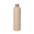A beige insulated water bottle with a light pink lid, standing upright against a white background.