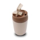 A beige and brown insulated travel mug with an open flip-top lid, designed for hot beverages. The lid has a small mouthpiece and a secure closure, making it portable and spill-resistant. The mug is set against a plain white background.