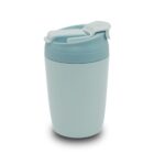 A light blue travel mug with a secure, flip-top lid. The mug has a smooth, matte finish and a compact, cylindrical shape.