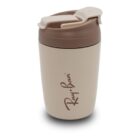 A beige travel mug with a brown lid, featuring the Ray-Ban logo printed vertically on its side. The lid has a flip-top closure.