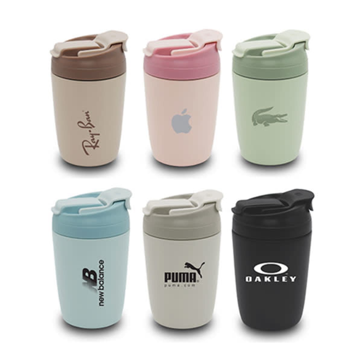 Six travel mugs with various logos, each in different colors: brown, pink, green, blue, beige, and black. Logos include brands like Puma and Oakley. Each mug has a flip-top lid.