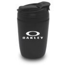 Black travel mug with a flip-top lid, featuring the Oakley logo in white on the front.