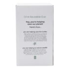 The image shows the side of a white box for an Olive Reusable Cup. Text on the box explains how using the cup helps save turtles and reduces landfill by reducing the use of single-use plastics, which harm oceans and animals.