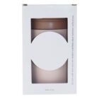 A double wall vacuum insulated stainless steel tumbler with a straw, held in a white box with a circular cutout. The tumbler appears to be beige and has a clear plastic lid. Box text indicates 350ml | 12oz capacity.