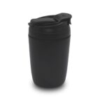 A black travel mug with a locking lid on a white background. Its sleek design and matte finish make it suitable for both hot and cold beverages.