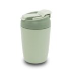 A light green reusable travel mug with a matching flip-top lid. The mug is cylindrical and stands upright against a white background.