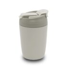 A light gray travel mug with a secure, hinged lid is standing upright on a white background. The mug has a sleek, minimalist design.
