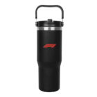 A black insulated travel mug with a handle and a secure lid. The mug features a red logo resembling the letter F on the front.