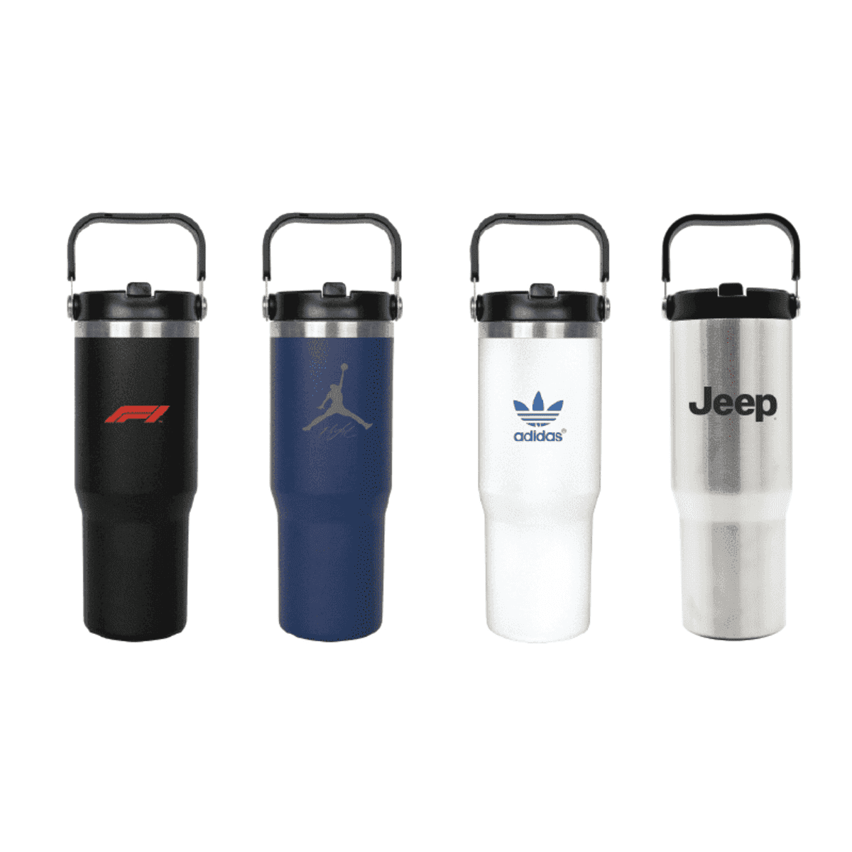Four travel mugs are shown: a black mug with a red F1 logo, a blue mug with a white silhouette of a jumping athlete, a white mug with a blue Adidas logo, and a silver mug with a black Jeep logo. Each has a black handle.