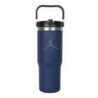A blue travel tumbler with a black lid and handle is shown. It features a light gray silhouette logo on the front, resembling a person in mid-air, with the word Flight underneath.