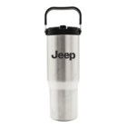Stainless steel tumbler with a black lid and handle, featuring the Jeep logo in black. The tumbler is designed for beverages and has a sleek, cylindrical shape.