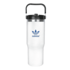 White Adidas water bottle with a blue logo and text. It features a black lid with a handle on top. The bottle has a sleek, tapered design.