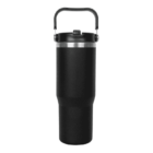 A tall, black insulated travel mug with a handle on the lid and a sleek, cylindrical design. The lid has a small opening for drinking. The mug features a matte finish and appears suitable for hot or cold beverages.