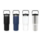 Four insulated travel mugs with handles are shown. They are arranged in a row and come in different colors: black, navy blue, white, and metallic silver. Each mug features a smooth, sleek design with a robust handle on top.
