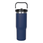 Blue insulated travel mug with a black lid and handle, designed for hot or cold beverages. The tall, sleek design features a slightly tapered body for an easy grip.