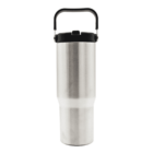 Stainless steel travel mug with a black lid and handle, designed for carrying beverages. The mug has a sleek, cylindrical shape and a polished finish.