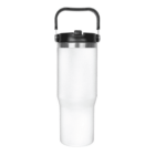 A white insulated tumbler with a black lid and a foldable handle.