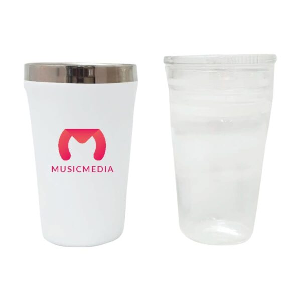 A white tumbler with a silver lid and a red MusicMedia logo next to a transparent plastic cup filled with water, both on a white background.