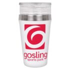 A white travel tumbler with a clear lid, featuring a bold red logo of two intertwined circles resembling a G. Below the logo, the text reads gosling sports park in red lowercase letters.