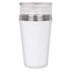 A white travel tumbler with a stainless steel band near the top and a clear plastic lid. The tumbler has a sleek, simple design, ideal for holding hot or cold beverages on the go.