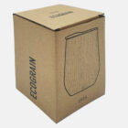 Cardboard box with the word ECOGRAIN printed on it multiple times, featuring an illustration of a cylindrical, wood-textured container. The box is closed and has a clean, minimal design.