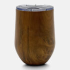 A brown, wood-textured stainless steel tumbler with a clear plastic lid, displayed on a plain white background.