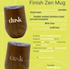 A green and yellow promotional flyer for the S935W Ecograin Mirror Finish Zen Mug with an image of a wooden finish mug and details about its eco-friendly features, BPA-free materials, and packaging. The word dusk is printed on the mug.