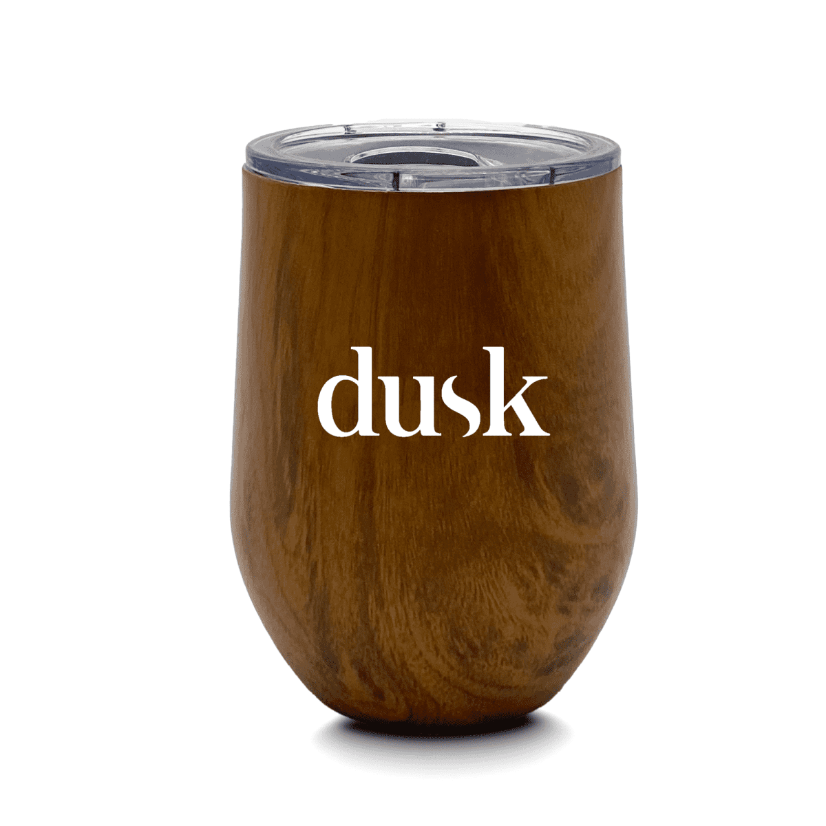 Brown insulated tumbler with wood grain finish, featuring the word dusk in white text. The tumbler has a shiny clear lid on top.