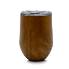 A stainless steel tumbler with a wood-grain finish and a clear, sliding lid is shown against a plain white background. The tumbler has a smooth, curved shape, resembling a stemless wine glass.