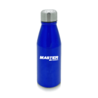 A blue metal water bottle with a silver screw-on cap and the word MASTER printed in white near the top.