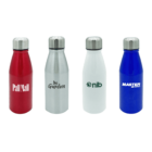 Four reusable bottles with stainless steel caps stand side by side. From left to right: a red bottle with Pall Mall, a silver bottle with Garden, a white bottle with nib, and a blue bottle with MASTER DE LUCA.