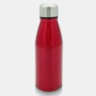 A shiny red stainless steel water bottle with a silver cap stands upright against a plain white background.