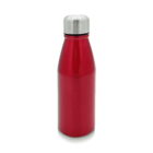 A red stainless steel water bottle with a silver screw-on cap, standing upright against a white background.