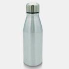 Stainless steel water bottle with a silver finish and a rounded, insulated cap, standing against a plain white background.