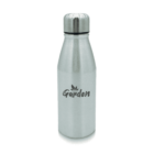 A sleek silver stainless steel water bottle with a screw-on lid. The bottle features a black logo and the word Garden printed on the front.