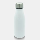 A white, stainless steel water bottle with a metallic silver cap is centered against a plain white background. The bottle has a smooth, matte finish and a cylindrical shape tapering slightly at the top towards the cap.
