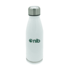 A white insulated water bottle with a silver cap and the word nib printed in green on the front.