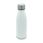 A stainless steel water bottle with a white body and a silver, rounded cap, standing upright on a white background.