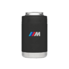 A silver drink can snugly fits into a black insulated holder, featuring a logo with three colored stripes—light blue, dark blue, and red—next to a white M on the front.