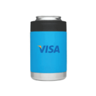 A silver can with a blue and black koozie featuring the Visa logo in the center. The koozie wraps around the can, providing insulation. The can and koozie are presented on a plain white background.