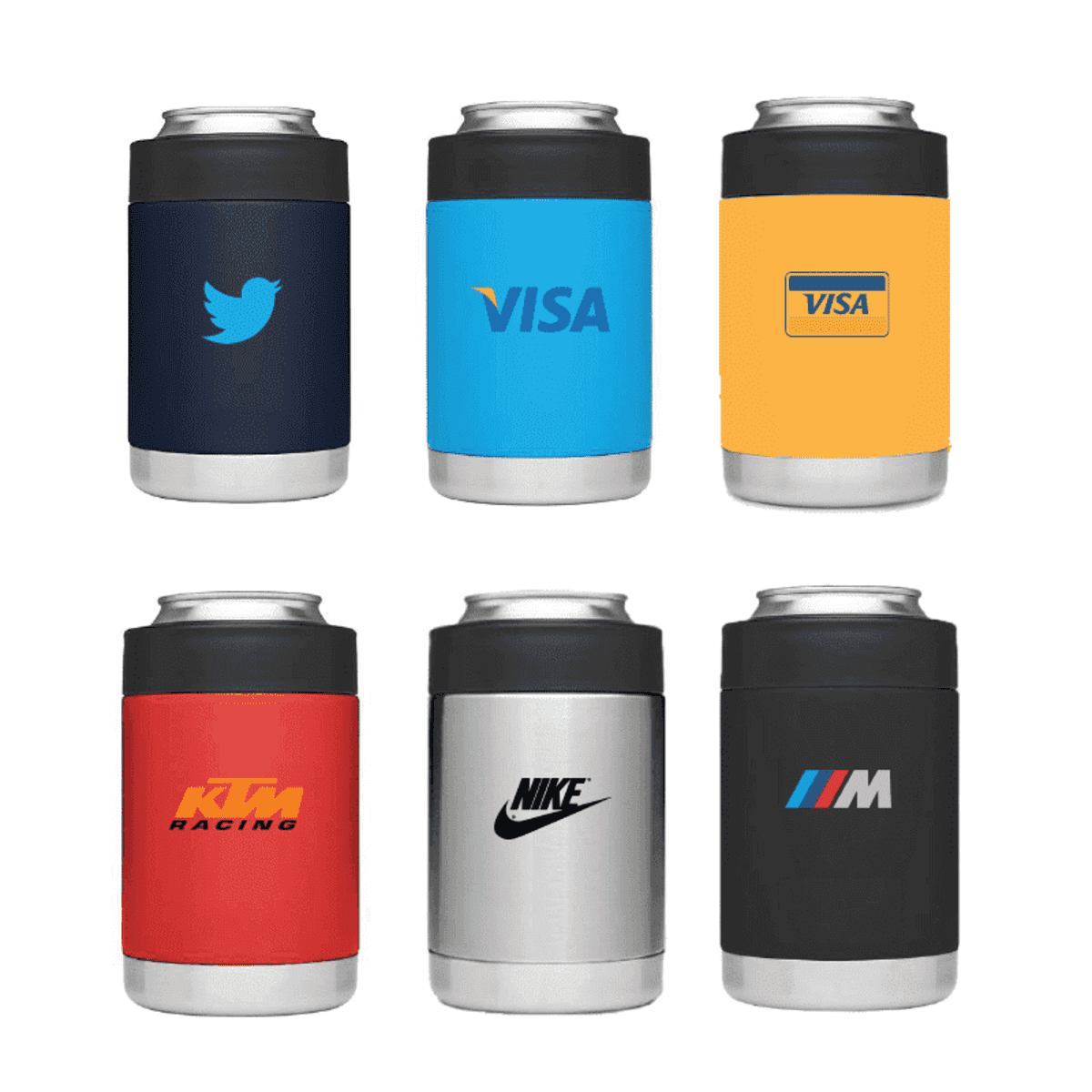 Six beverage can coolers are displayed. They feature blue with a bird logo, blue with a Visa logo, yellow with a Visa logo, red with a KTM Racing logo, silver with a Nike logo, and black with a tricolor striped logo.
