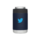 A dark blue beverage can cooler with a black top and silver base features a light blue bird logo in the center.