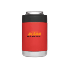 A red and black beverage can cooler with the text Racing and stylized orange KTM logo. It is designed to fit a standard aluminum can and has a metallic base.