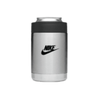 A metal beverage can cooler with a silver body and black top and bottom. The Nike logo, featuring the swoosh and brand name, is printed in black on the front of the cooler.