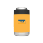 A silver beverage can with a yellow and black holder, featuring the VISA logo in the center. The holders design is simple and modern, with the logo prominently displayed.