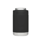 A black insulated can cooler with a silver base, holding a can. The cooler is cylindrical and designed to keep beverages chilled. The cans top is slightly visible.