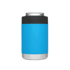 A blue insulated can cooler with a stainless steel bottom and a black top, designed to hold a standard beverage can. It is on a white background.