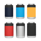 Six can coolers in two rows, each fitting a soda can. Colors from left to right: dark blue, light blue, orange; red, silver, black. All have a silver base and black top.