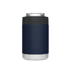 A navy blue and stainless steel insulated can cooler stands upright against a white background. The cooler has a sleek design, with a smooth navy body and a silver base. The top part is black, securing a metal can inside.